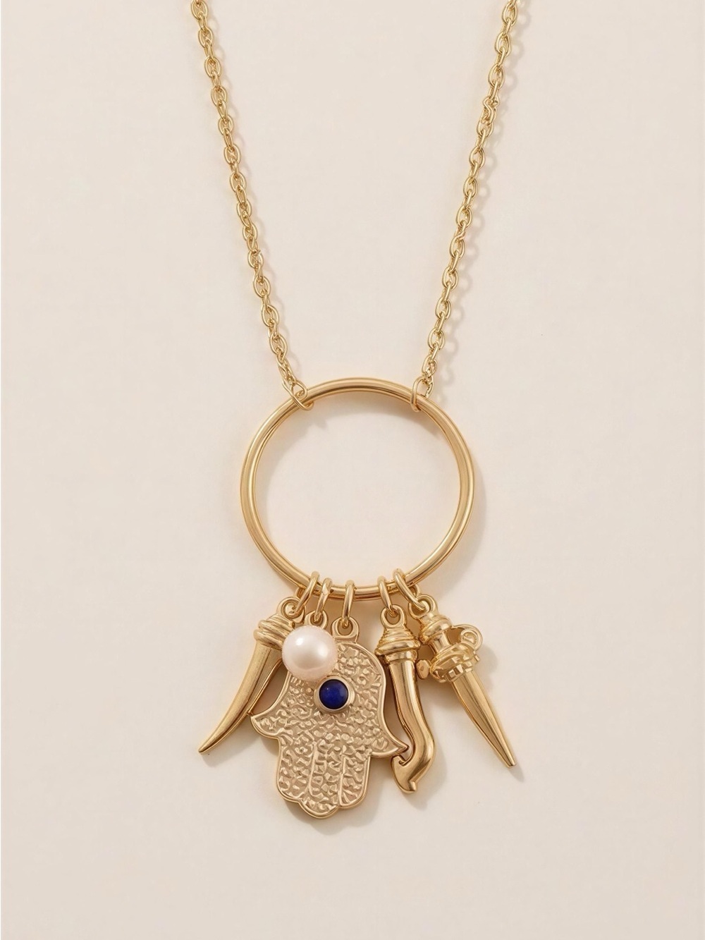 Gold Hamsa Pendant Necklace with Pearl and Fortune Charms ๐